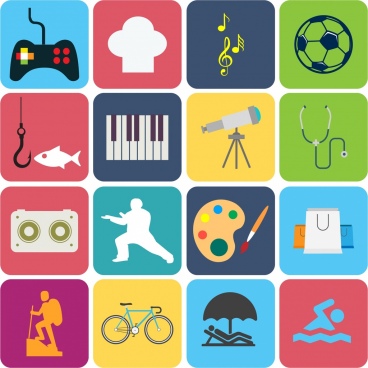 hobby, video, game, cook, music, soccer, fish, keyboard, medecine, astronomy, martial, art, paint, shopping, hike, bike, swim, sun, bath,